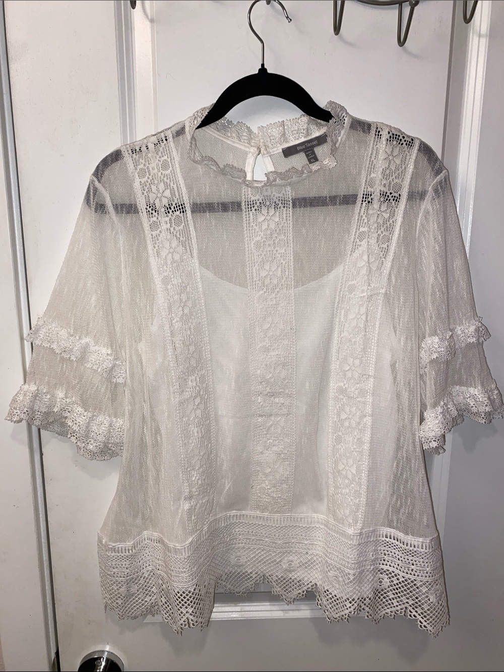 Sheer Lace-Trim White Blouse with Ruffle Sleeves - Blue Tassel for Anthropologie